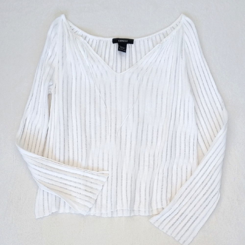 Express White Sheer Stripe Ribbed V-Neck Long Flair Sleeve Cotton Blouse Top L